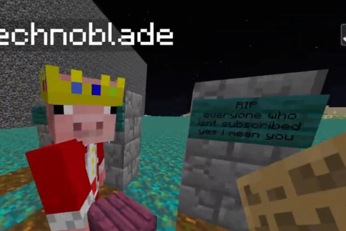 Technoblade next to a grave reading "RIP everyone who isn't subscribed yes i mean you"
